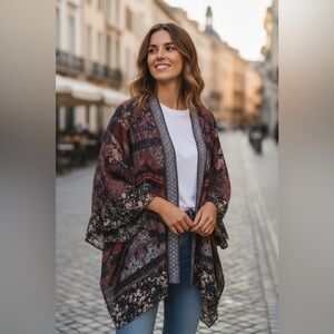 Soft Surroundings Velvet Kimono Topper Open Cardigan One‎ Size Paisley Printed